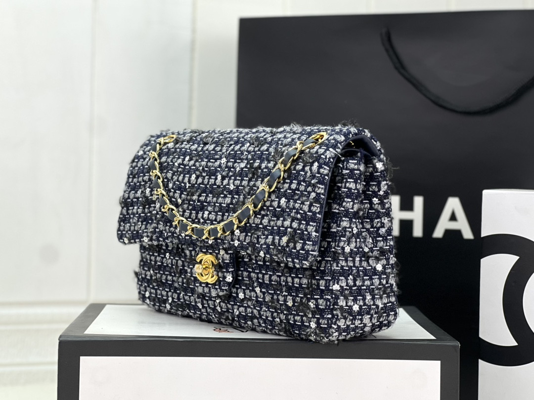 Ch*el classic 11.12 handbag tweed & gold-tone metal   6 × 9.9 × 2.5 in