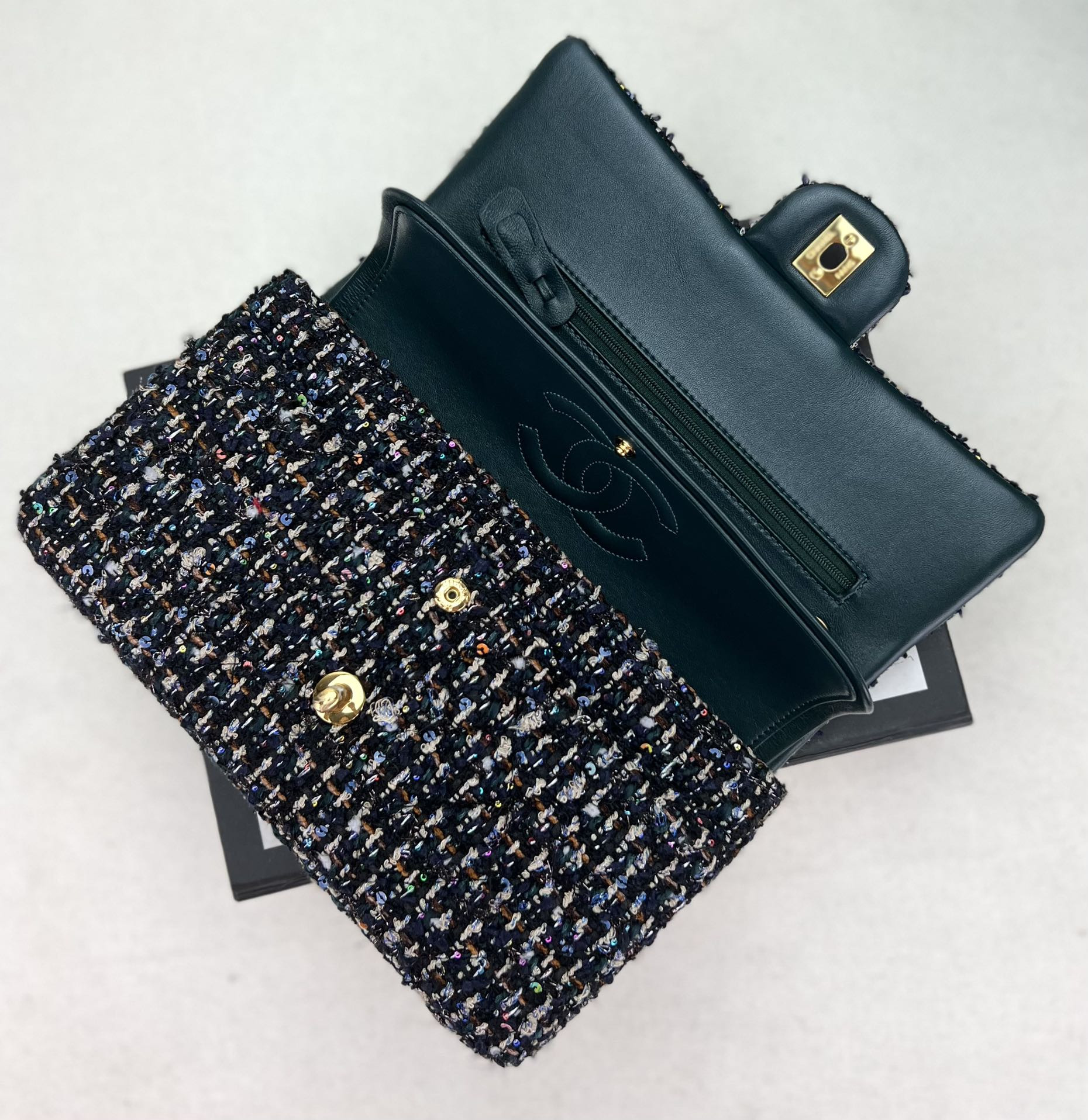 Ch*el classic 11.12 handbag tweed & gold-tone metal   6 × 9.9 × 2.5 in