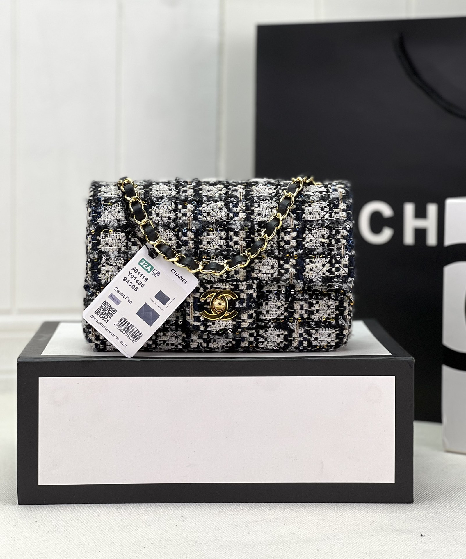 Ch*el mini classic 11.12 handbag tweed & gold-tone metal 4.7 × 7.8 × 2.3 in
