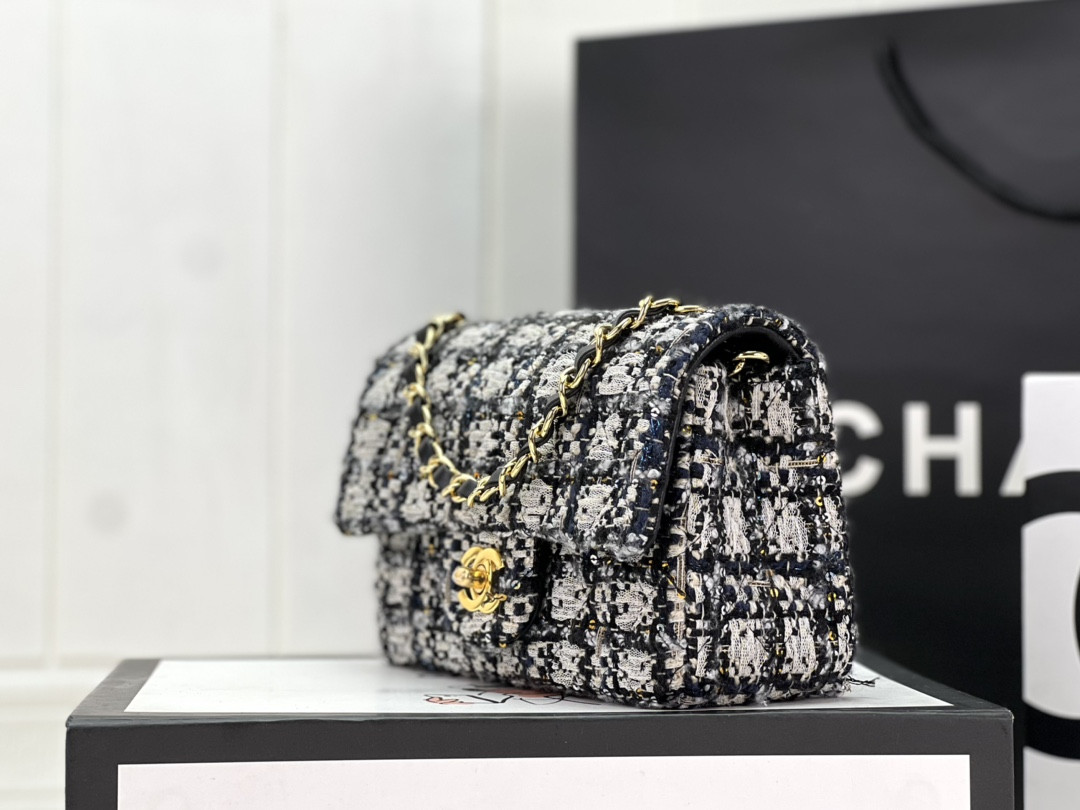 Ch*el mini classic 11.12 handbag tweed & gold-tone metal 4.7 × 7.8 × 2.3 in
