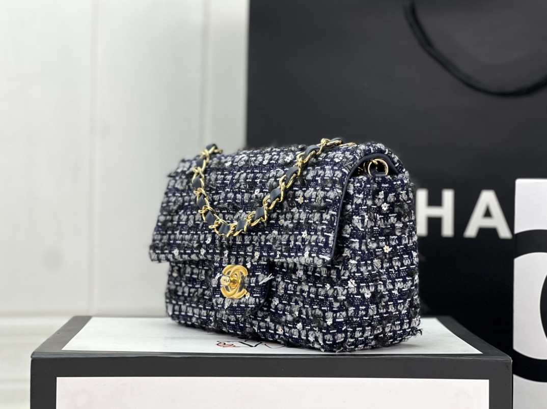 Ch*el mini classic 11.12 handbag tweed & gold-tone metal 4.7 × 7.8 × 2.3 in