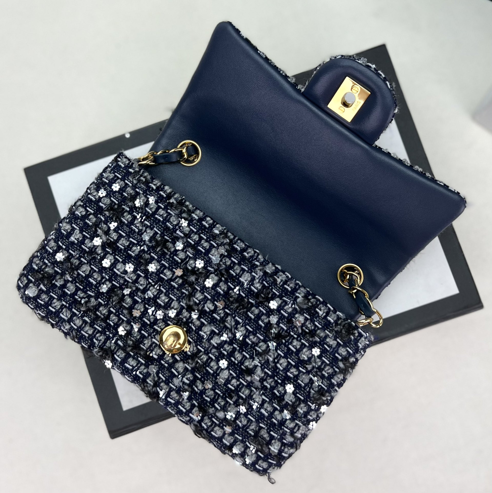 Ch*el mini classic 11.12 handbag tweed & gold-tone metal 4.7 × 7.8 × 2.3 in