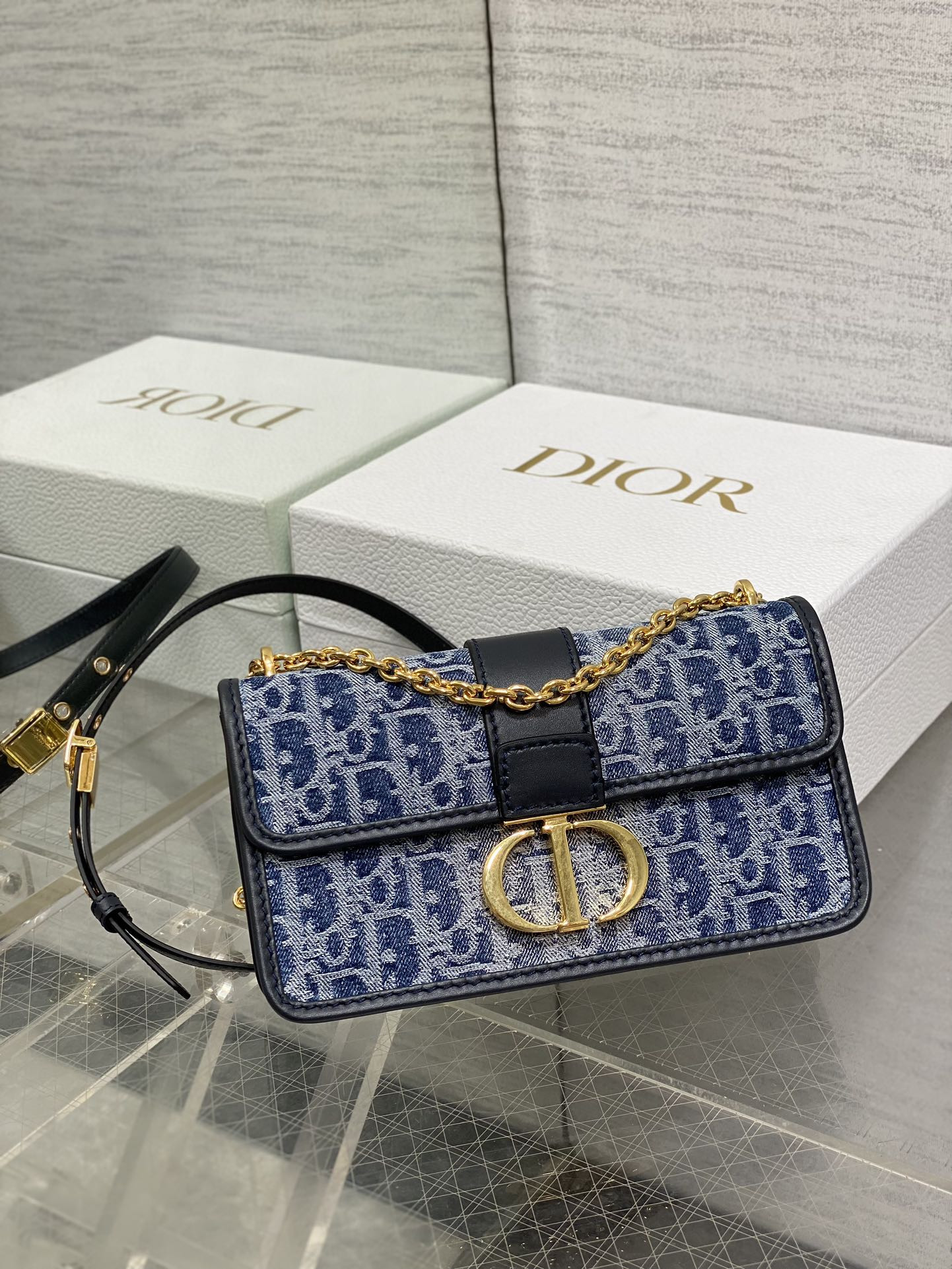 D*or 30 montaigne east-west bag with chain blue denim D*or oblique jacquard  21 x 12 x 6 cm
