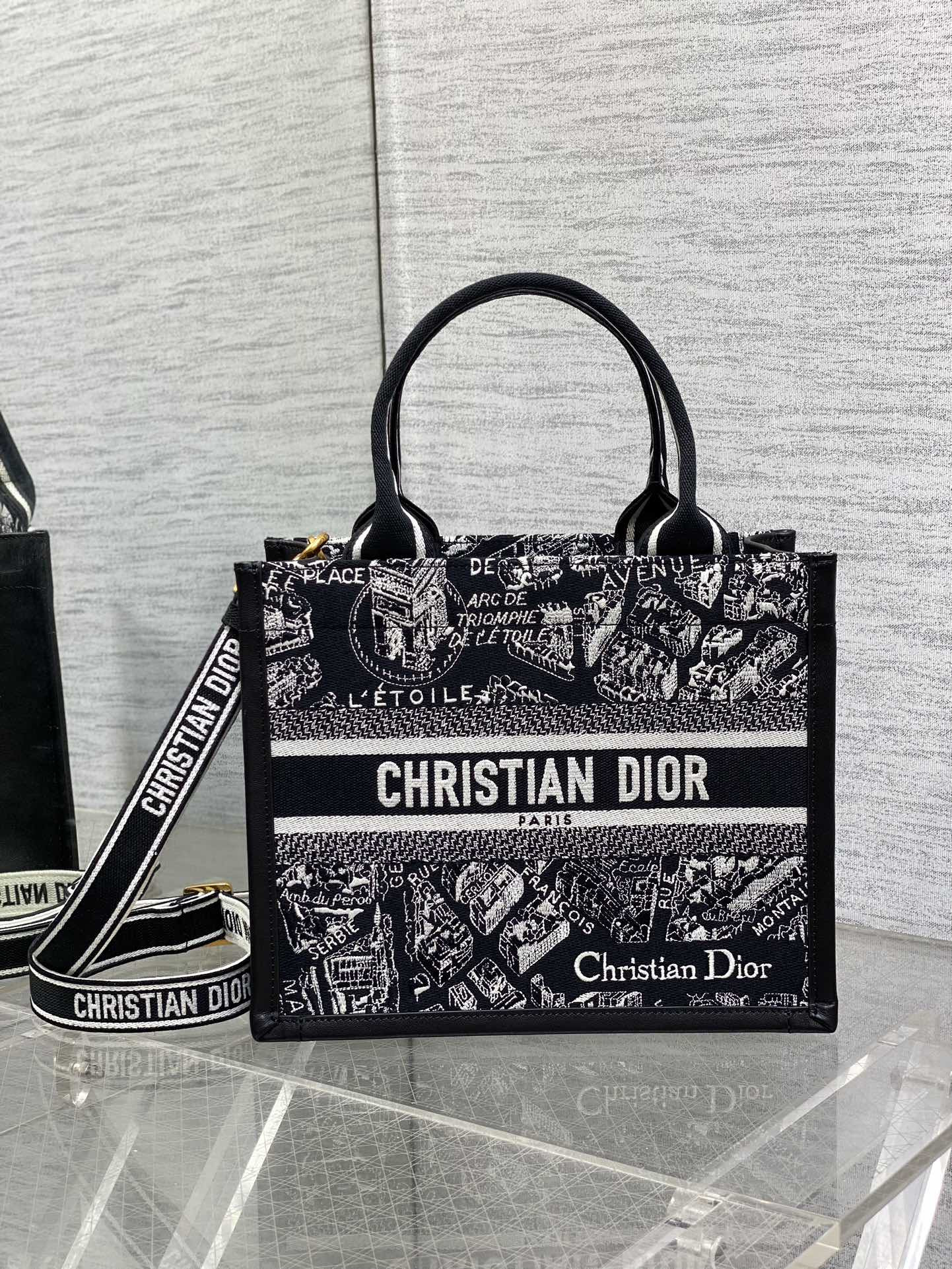 D*or small D*or book tote white and black plan de paris embroidery and black calfskin 26.5 x 21 x 14 cm