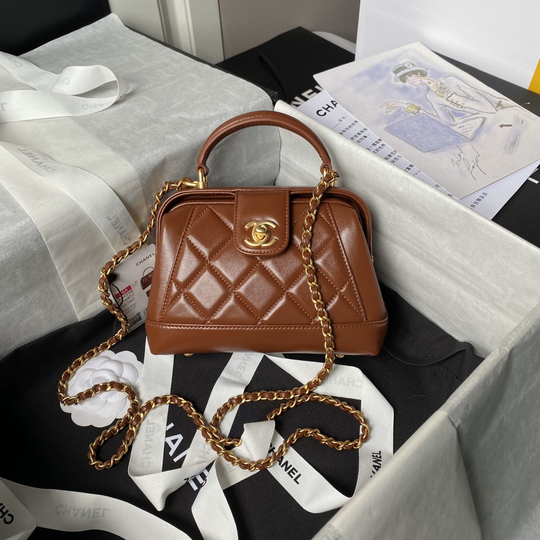 Ch*el mini bag with top handle shiny lambskin & gold-tone metal brown 12 × 18 × 7 cm