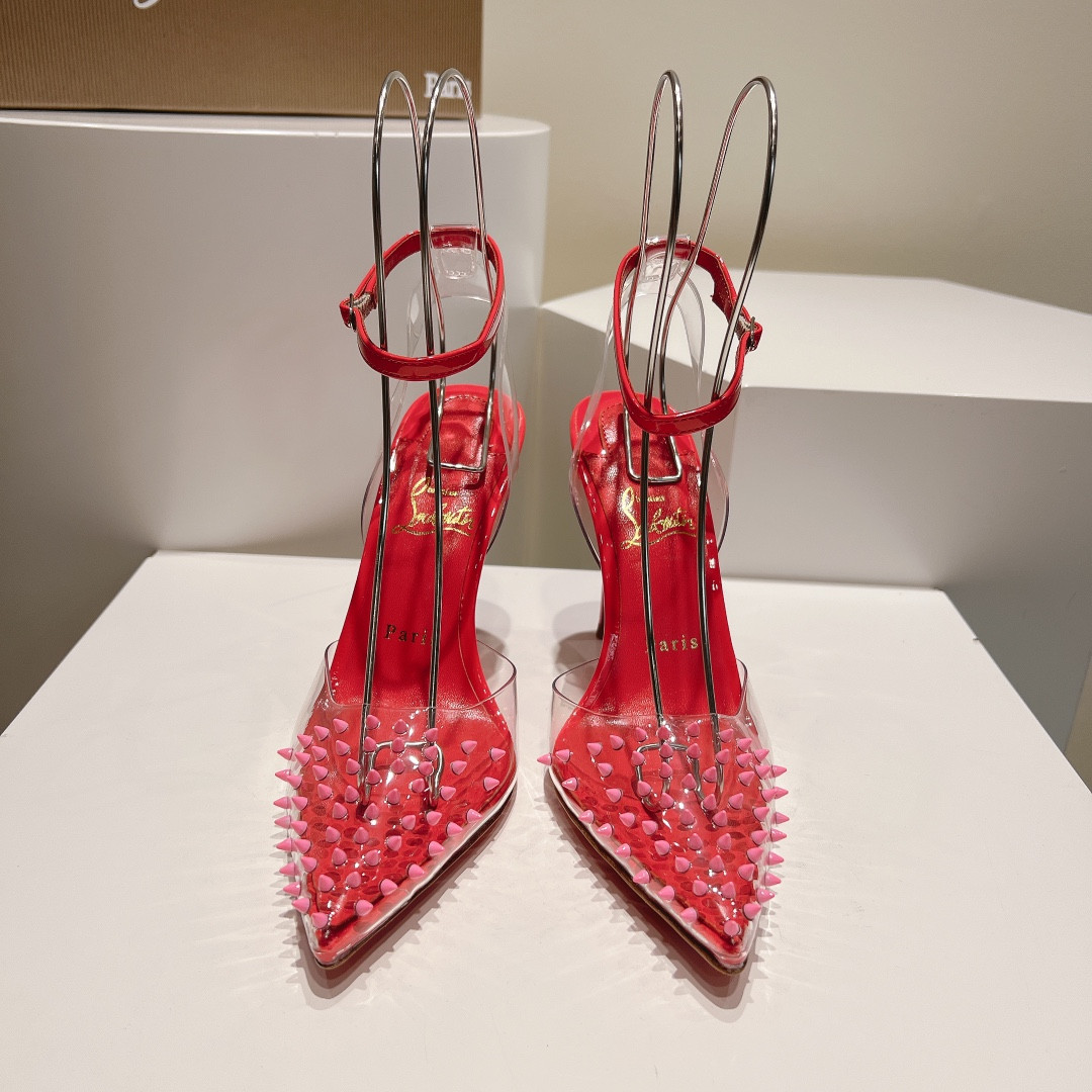 ua Ch**an louboutin cl pointed toe high-heeled transparent studded sandals